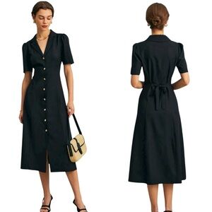 rihoas Midi dress gold buttons Black V Neck Puff Sleeve  Sz L